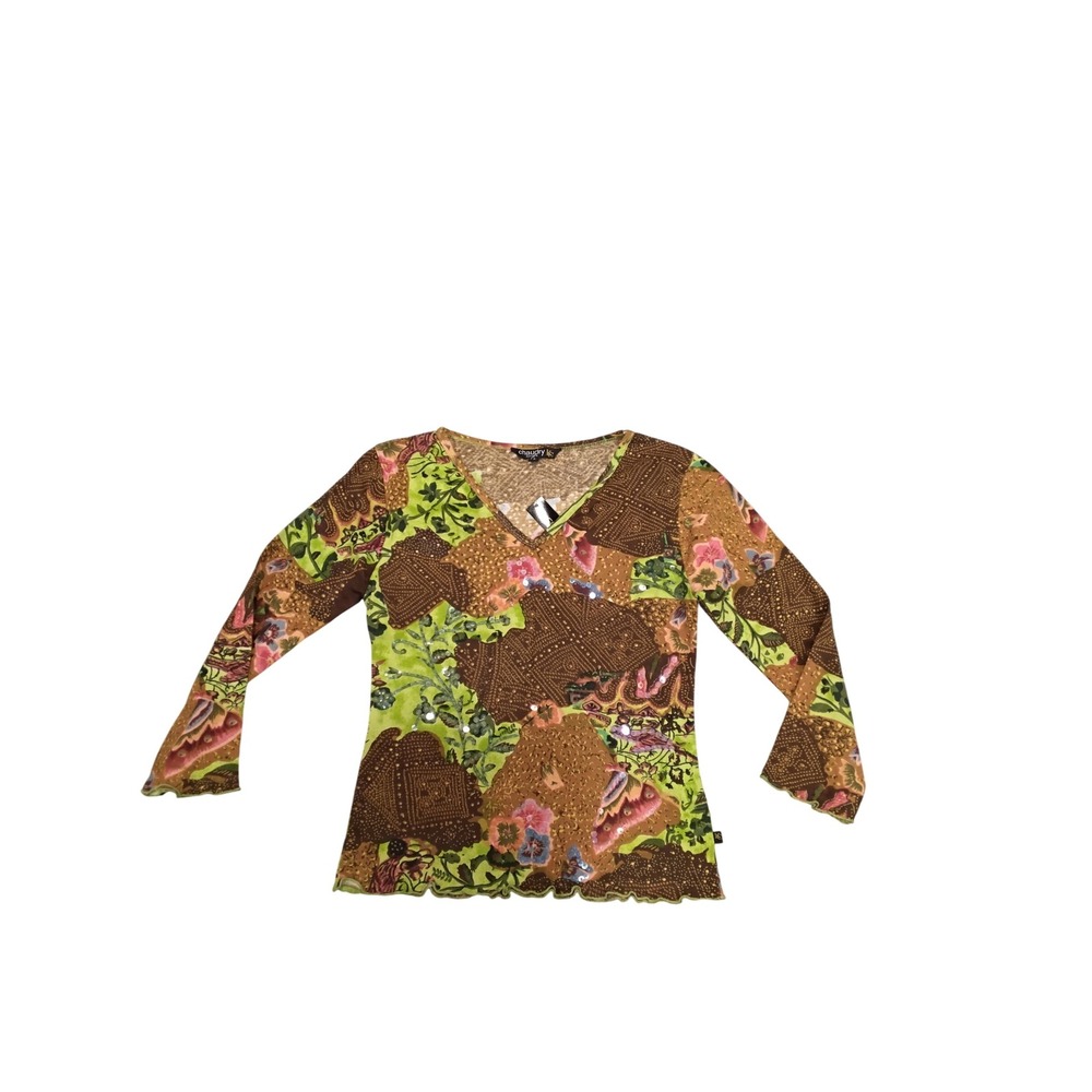 Chaudry Sports Top S Brown‎ Green Floral Pattern Long Sleeve V Neck Blouse